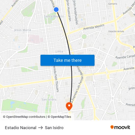 Estadio Nacional to San Isidro map