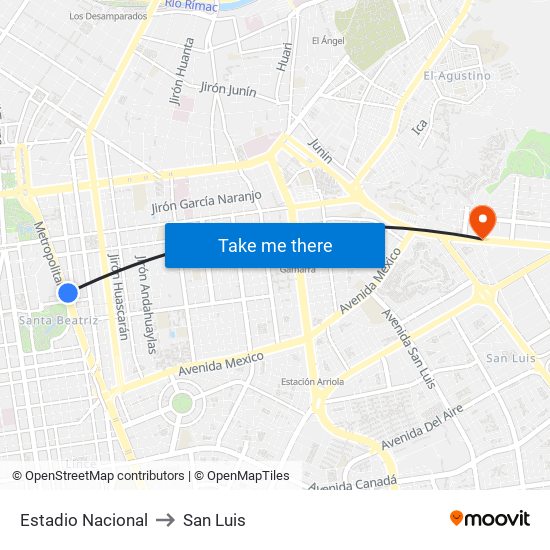 Estadio Nacional to San Luis map