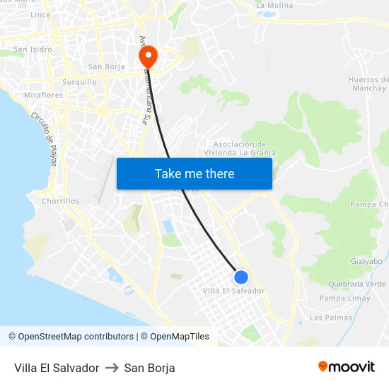 Villa El Salvador to San Borja map