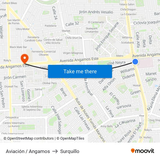 Aviación / Angamos to Surquillo map