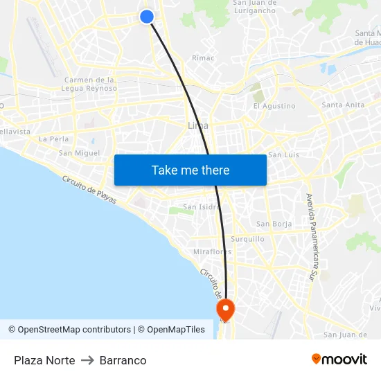 Plaza Norte to Barranco map