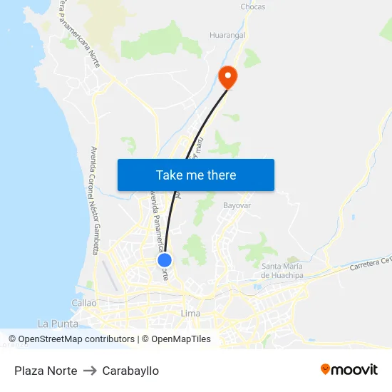 Plaza Norte to Carabayllo map