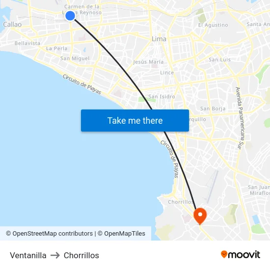 Ventanilla to Chorrillos map