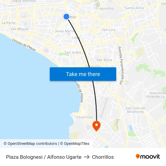 Plaza  Bolognesi / Alfonso Ugarte to Chorrillos map