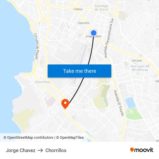 Jorge Chavez to Chorrillos map