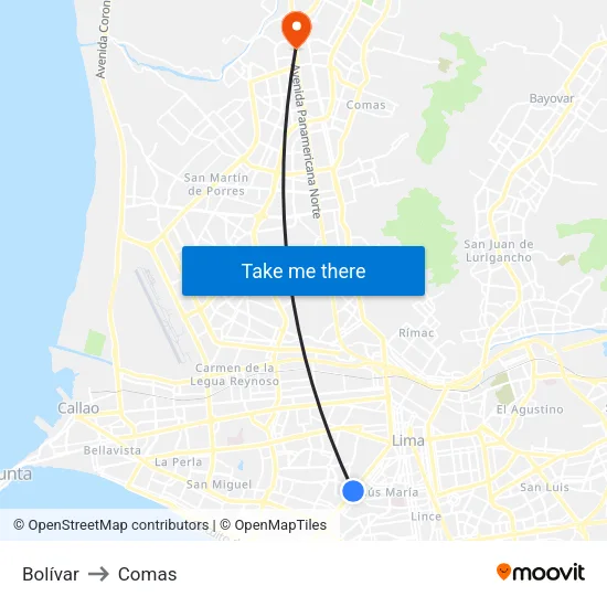Bolívar to Comas map