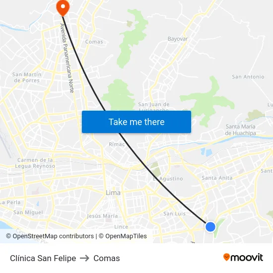 Clínica San Felipe to Comas map