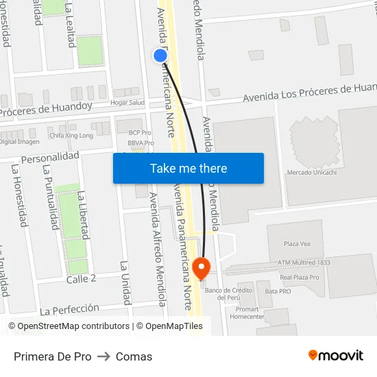 Primera De Pro to Comas map