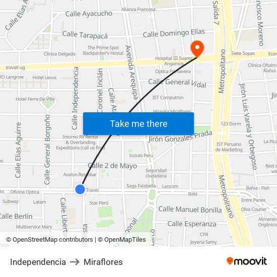 Independencia to Miraflores map
