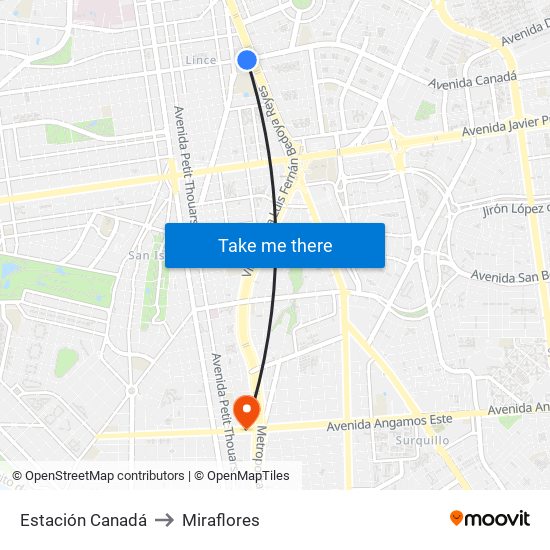 Estación Canadá to Miraflores map