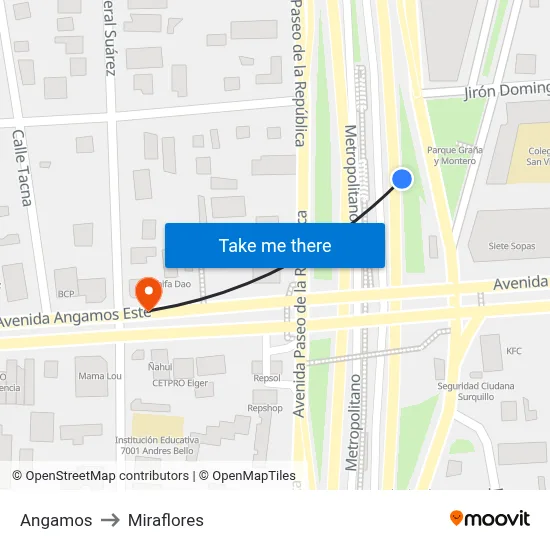 Angamos to Miraflores map