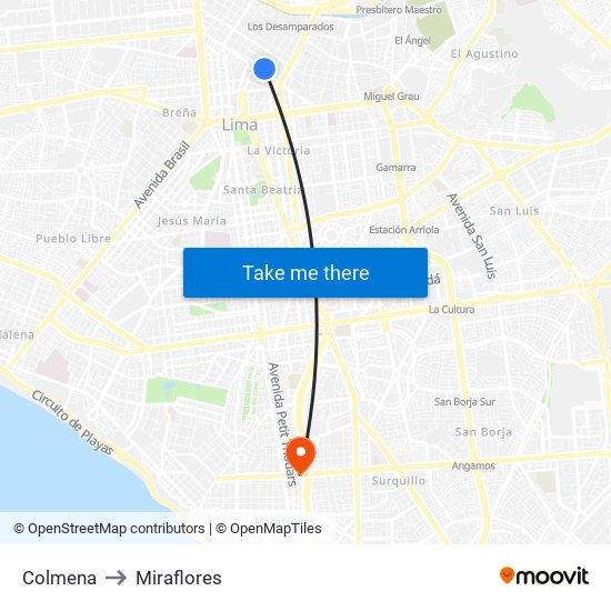 Colmena to Miraflores map