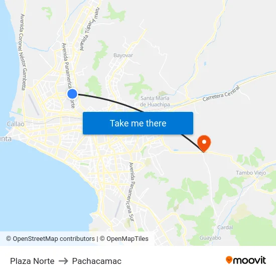 Plaza Norte to Pachacamac map