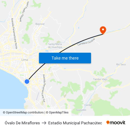Óvalo De Miraflores to Estadio Municipal Pachacútec map