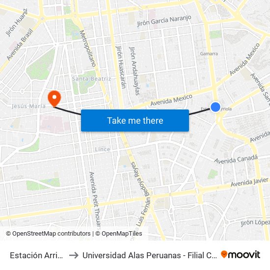 Estación Arriola to Universidad Alas Peruanas - Filial Cuba map