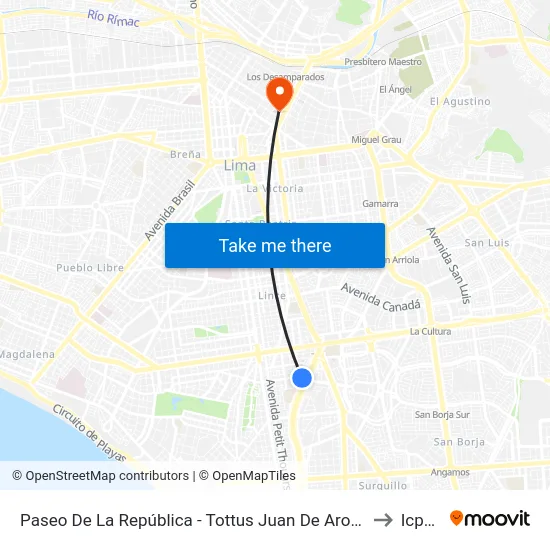 Paseo De La República - Tottus Juan De Arona to Icpna map