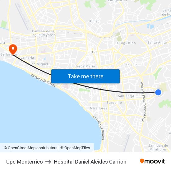 Upc Monterrico to Hospital Daniel Alcides Carrion map