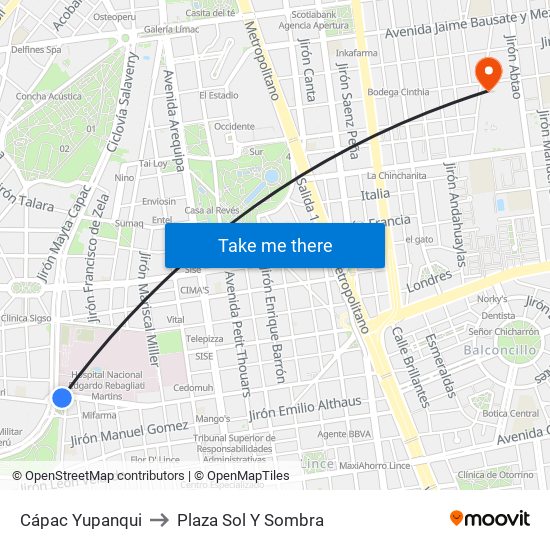 Cápac Yupanqui to Plaza Sol Y Sombra map