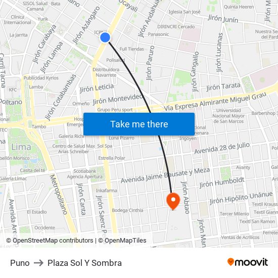 Puno to Plaza Sol Y Sombra map
