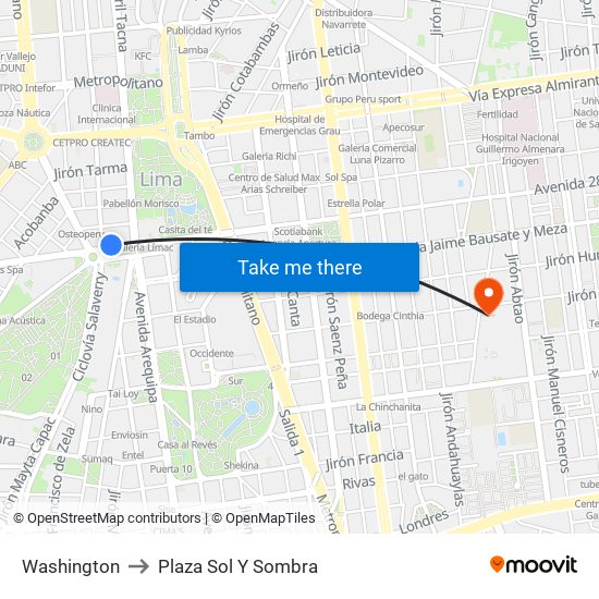 Washington to Plaza Sol Y Sombra map