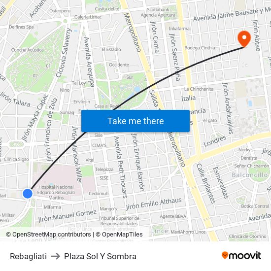 Rebagliati to Plaza Sol Y Sombra map
