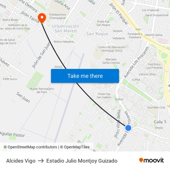 Alcides Vigo to Estadio Julio Montjoy Guizado map