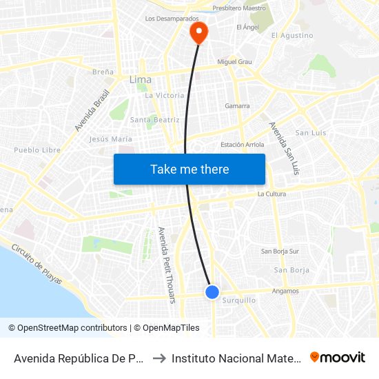 Avenida República De Panamá, 4746 to Instituto Nacional Materno Perinatal map