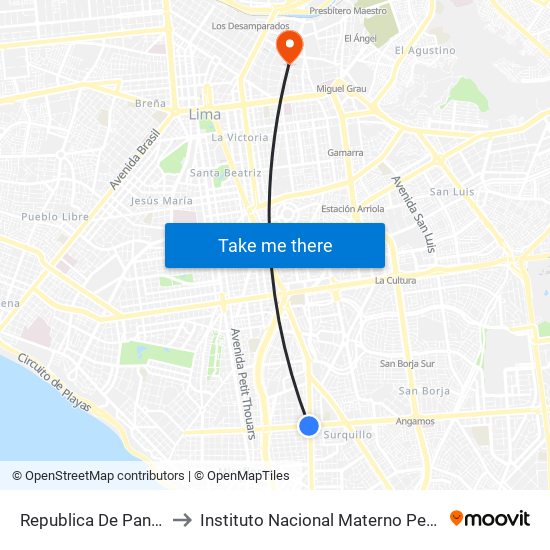 Republica De Panamá to Instituto Nacional Materno Perinatal map