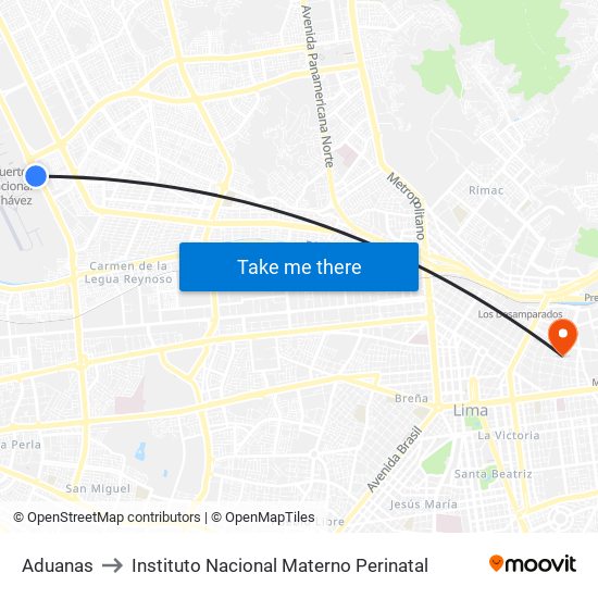 Aduanas to Instituto Nacional Materno Perinatal map