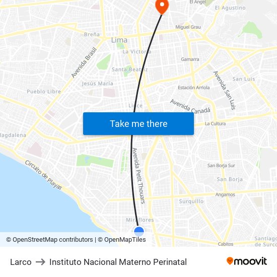 Larco to Instituto Nacional Materno Perinatal map