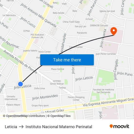 Leticia to Instituto Nacional Materno Perinatal map