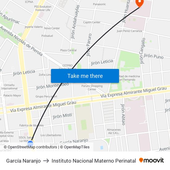 García Naranjo to Instituto Nacional Materno Perinatal map