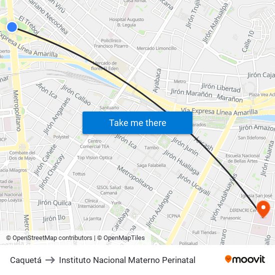 Caquetá to Instituto Nacional Materno Perinatal map