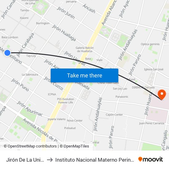Jirón De La Unión to Instituto Nacional Materno Perinatal map