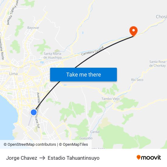 Jorge Chavez to Estadio Tahuantinsuyo map