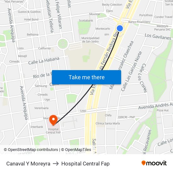 Canaval Y Moreyra to Hospital Central Fap map