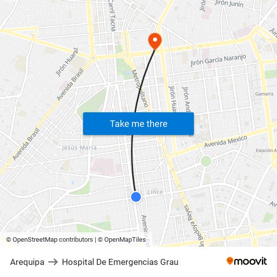 Arequipa to Hospital De Emergencias Grau map