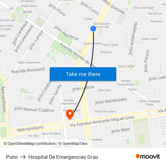 Puno to Hospital De Emergencias Grau map