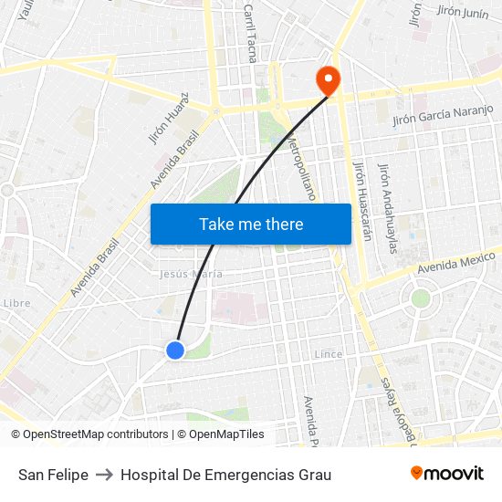 San Felipe to Hospital De Emergencias Grau map