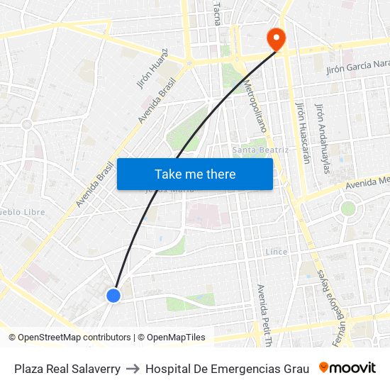 Plaza Real Salaverry to Hospital De Emergencias Grau map