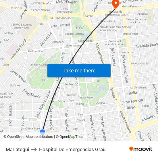 Mariátegui to Hospital De Emergencias Grau map