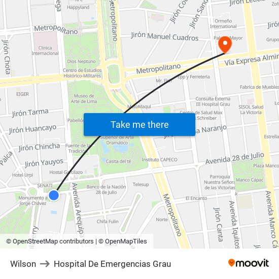 Wilson to Hospital De Emergencias Grau map