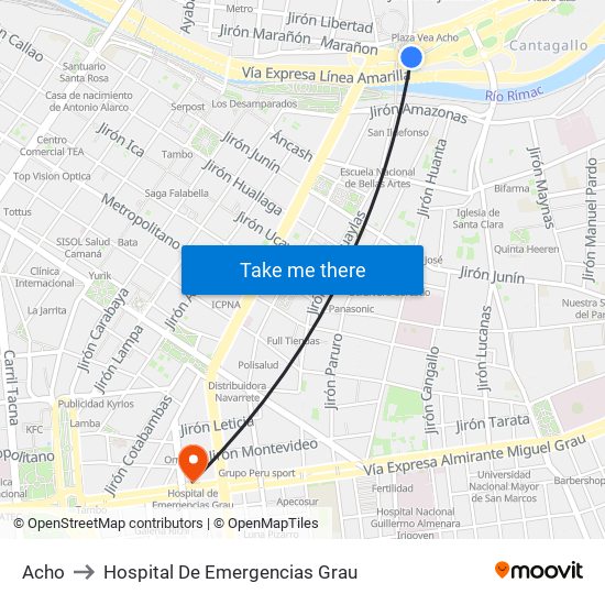 Acho to Hospital De Emergencias Grau map