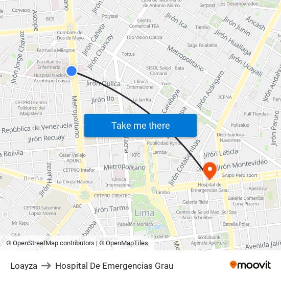 Loayza to Hospital De Emergencias Grau map