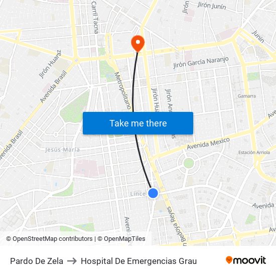 Pardo De Zela to Hospital De Emergencias Grau map