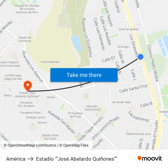 América to Estadio ""José Abelardo Quiñones"" map