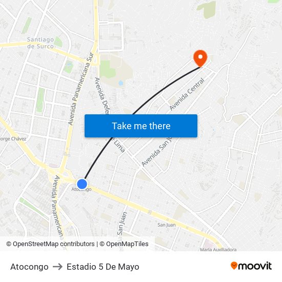 Atocongo to Estadio 5 De Mayo map