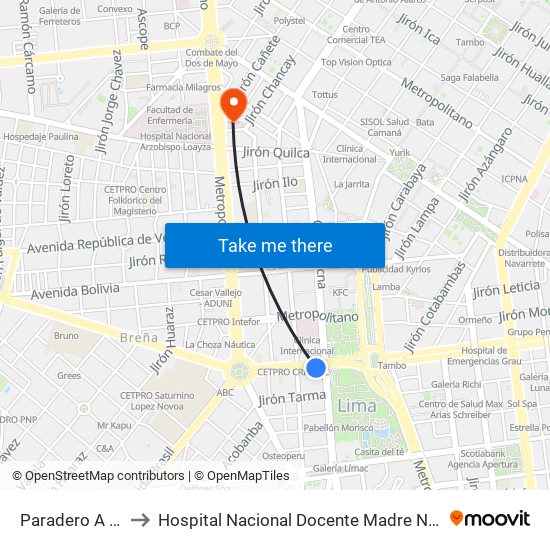 Paradero A - Wilson to Hospital Nacional Docente Madre Niño San Bartolome map