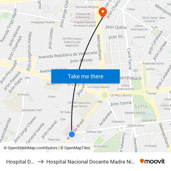 Hospital Del Niño to Hospital Nacional Docente Madre Niño San Bartolome map