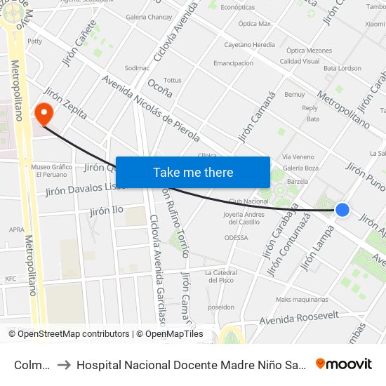 Colmena to Hospital Nacional Docente Madre Niño San Bartolome map